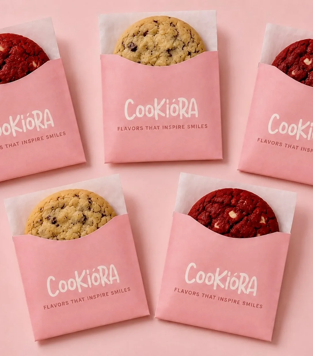 OG and red velvet cookies in pink Cookiora sleeves