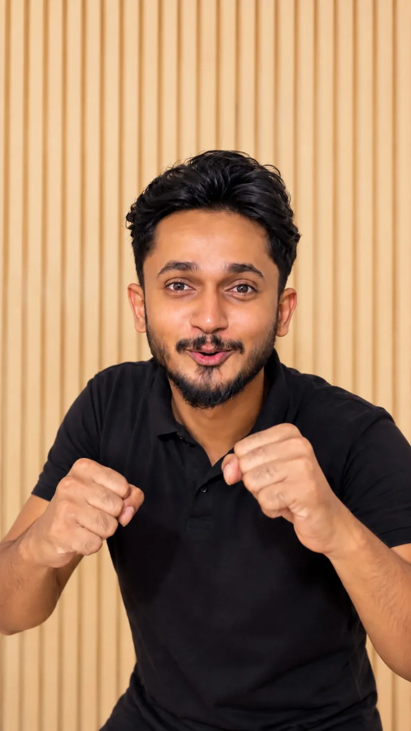 A man in front of a slatted wall, fists up and smiling