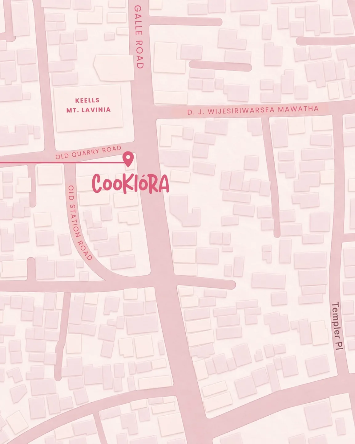Cookiora's illustrated map: Old Quarry Road meets Galle Road, by Keells Mt. Lavinia, with the Cookiora pin
