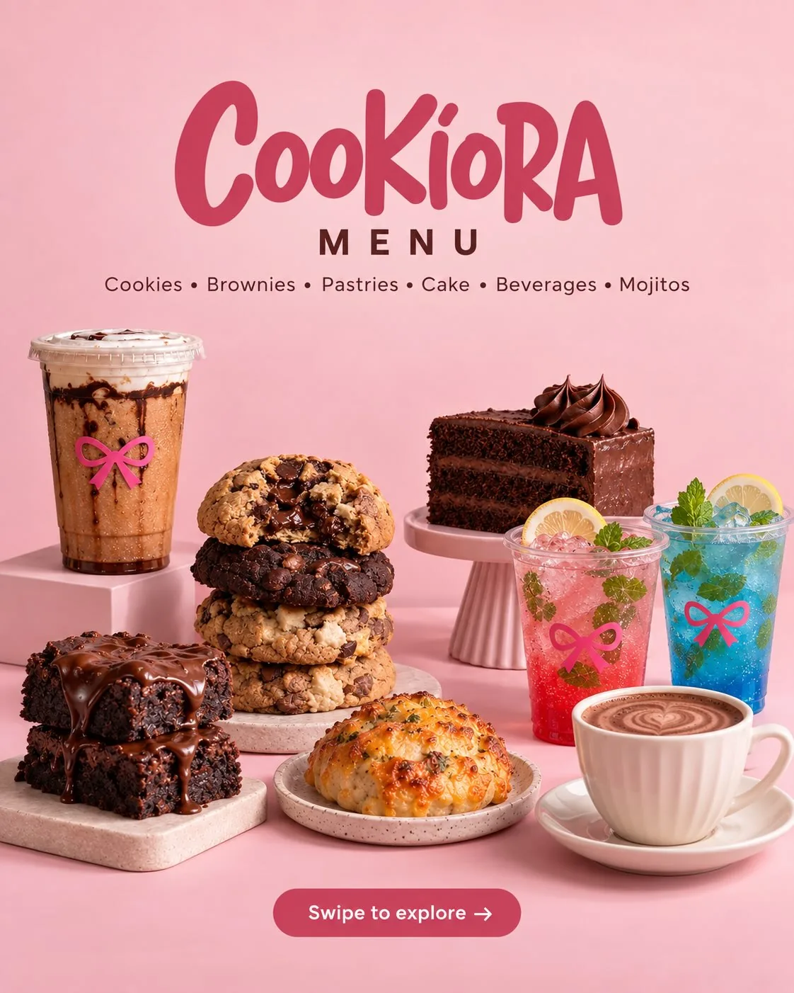 The Cookiora menu cover: cookies, brownies, pastries, cake, beverages and mojitos on pink stands