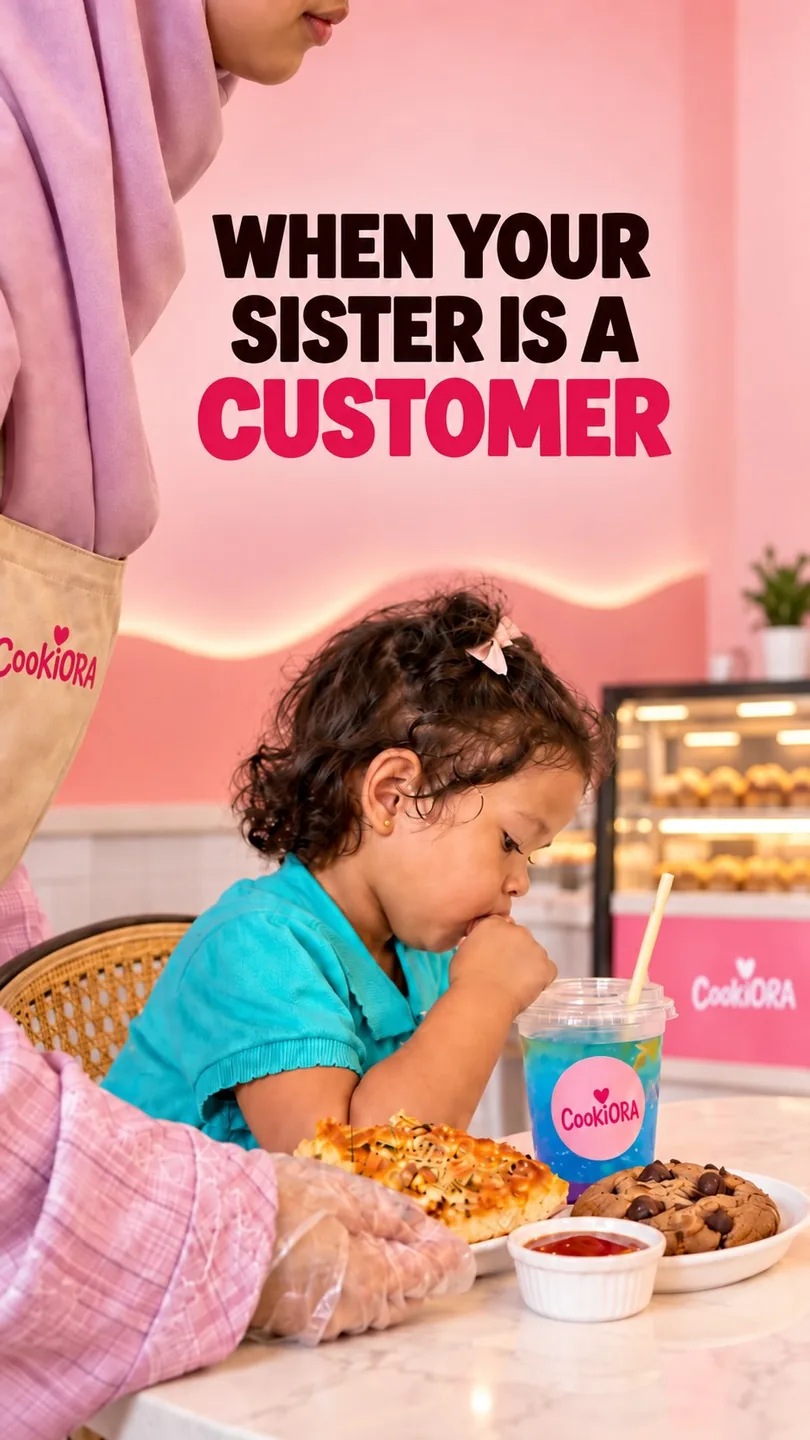 A little girl eating at the counter: when your sister is a customer