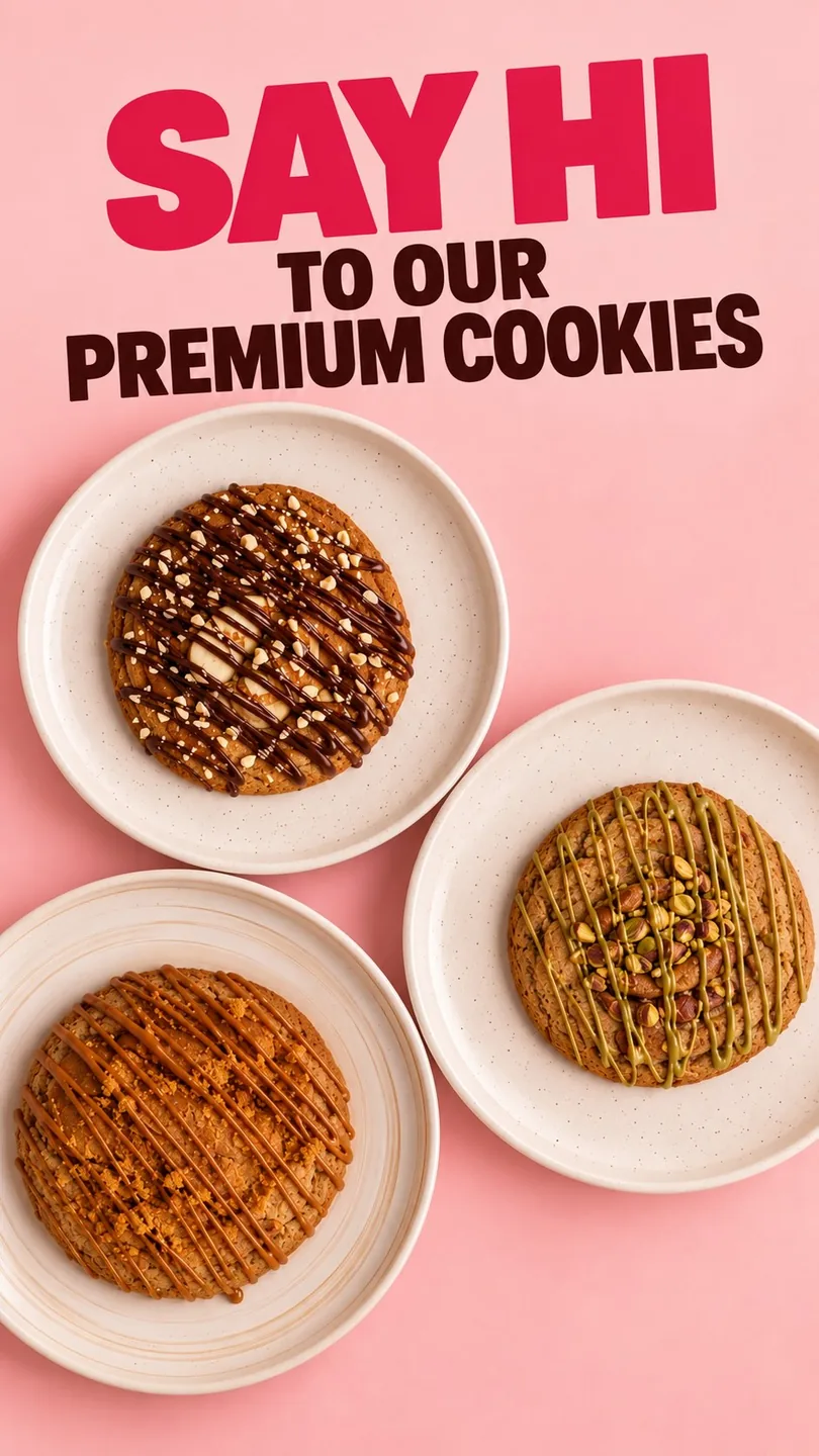 Say hi to our premium cookies: three cookies on white plates