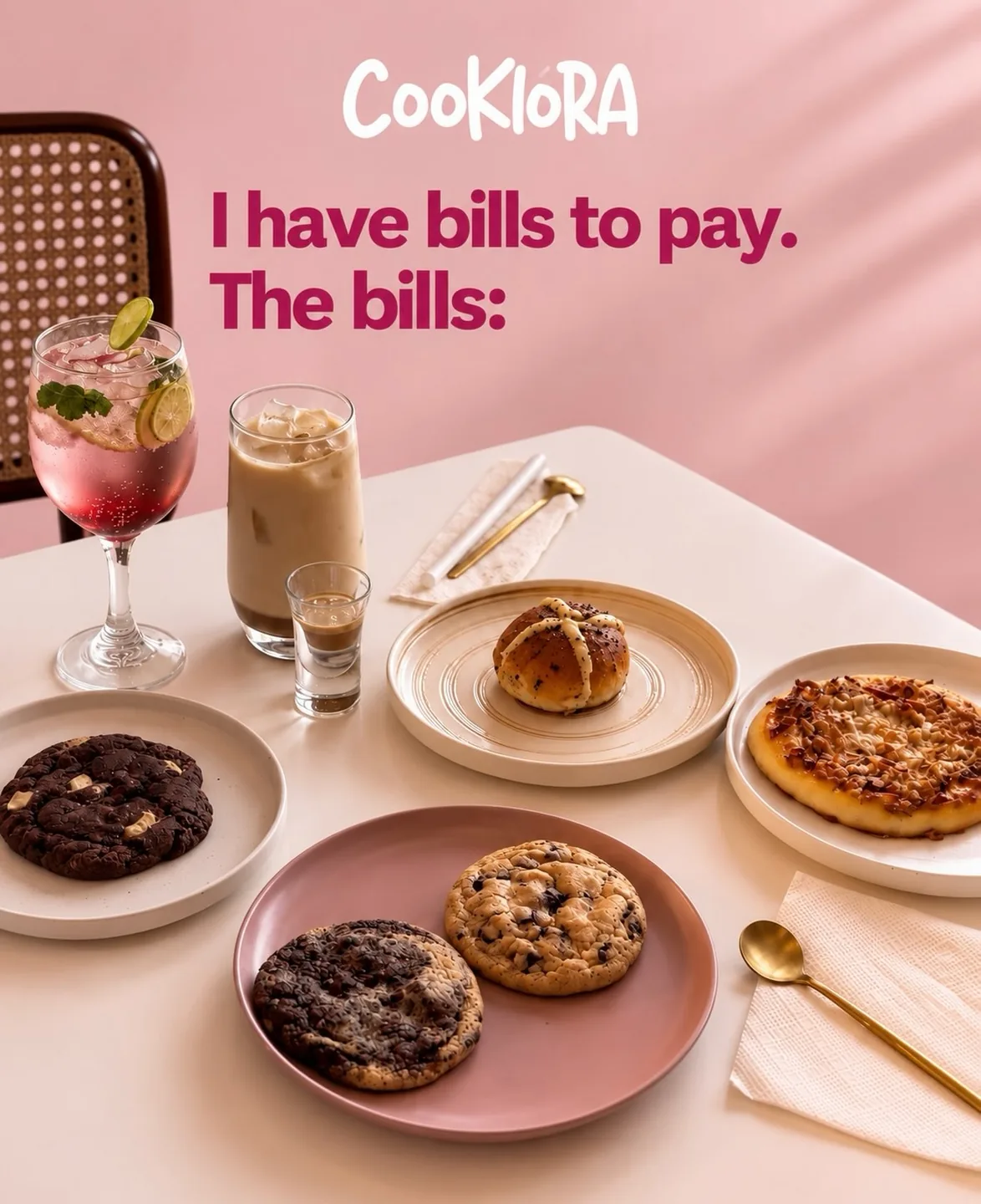 I have bills to pay. The bills: a table of Cookiora cookies, drinks and pastries