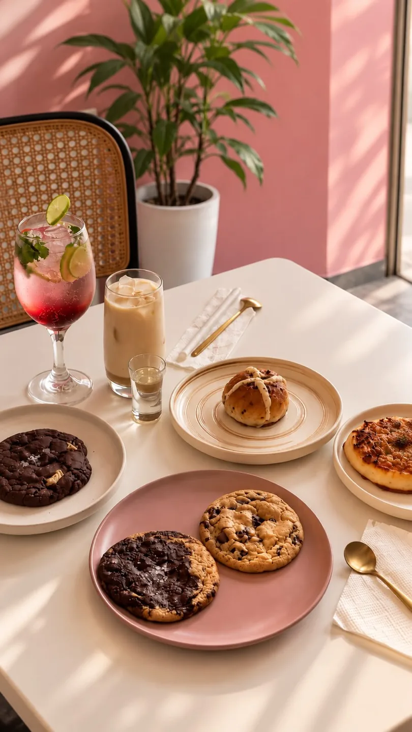 A café table of drinks, cookies and pastries