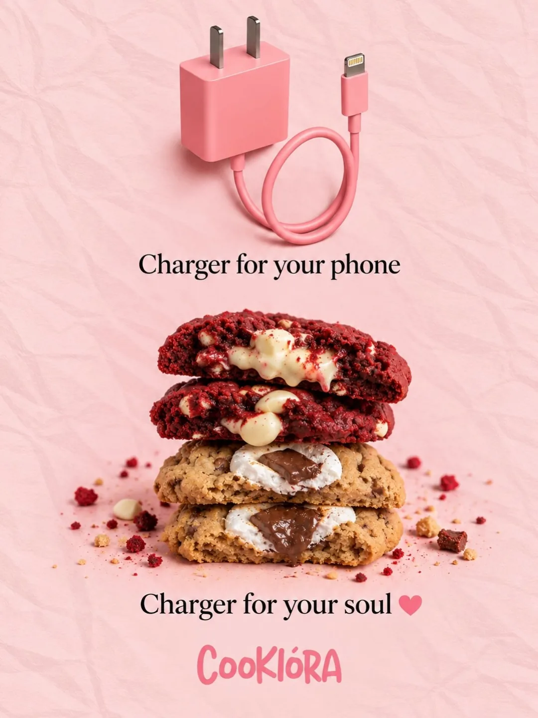 A pink phone charger above a stack of red velvet and chocolate cookies, captioned charger for your phone, charger for your soul