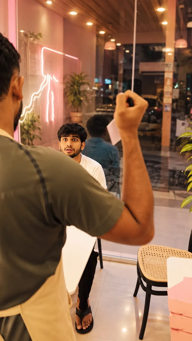 A staff member raising a fist in the café