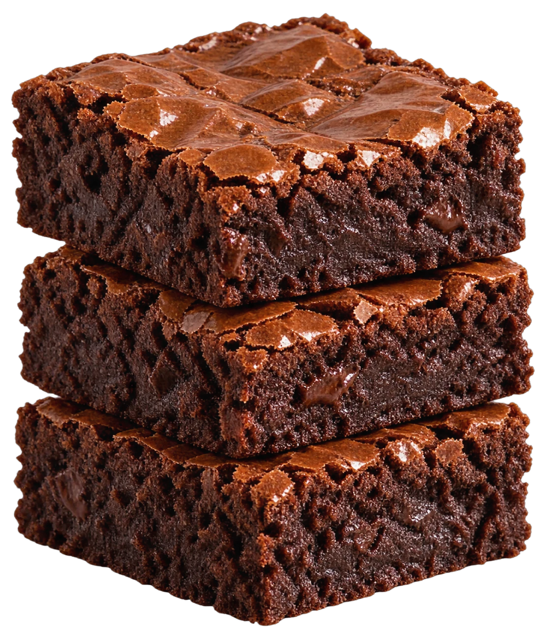 A stack of three Cookiora brownies, glossy crackled tops and fudgy middles