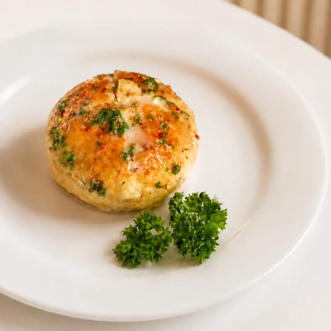 Garlic Cream Cheese Bomb on a white plate with parsley, their photograph