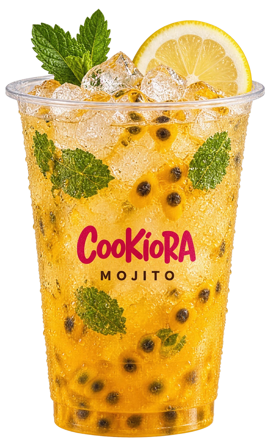 Passion Mojito in a clear Cookiora cup with passion fruit seeds, mint, crushed ice and a lemon wheel