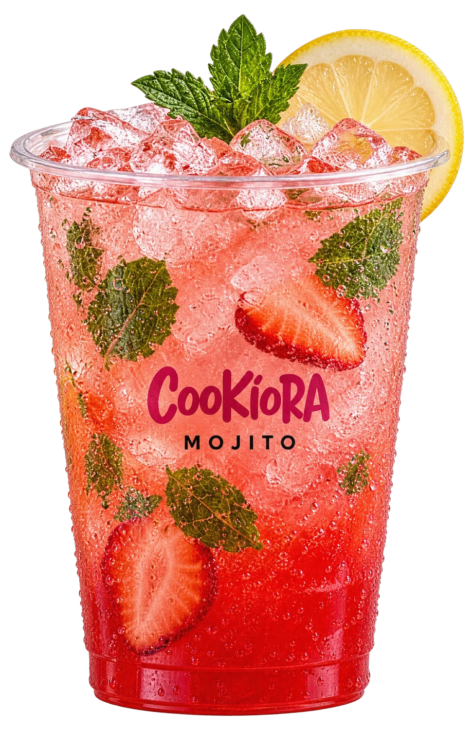 Strawberry Mojito in a clear Cookiora cup with strawberries, mint, crushed ice and a lemon wheel